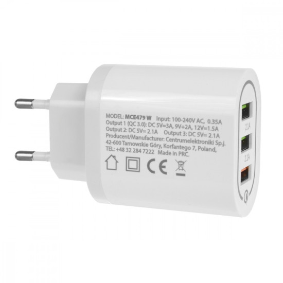 Ładowarka sieciowa QC 3xUSB MCE479W 