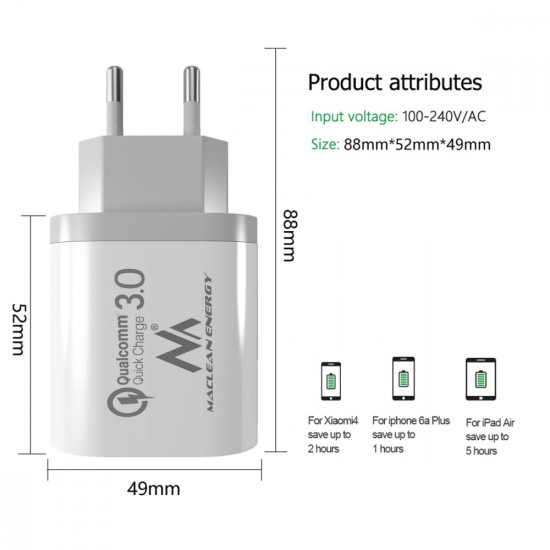 Ładowarka sieciowa QC 3xUSB MCE479W 