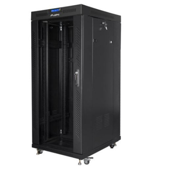 Szafa instalacyjna rack stojąca 19 cali  27u 800x1000 czarna drzwi szklane LCD (flat pack)