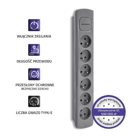 Listwa zasilająca | 6 gniazd | 1.8m | Szara 