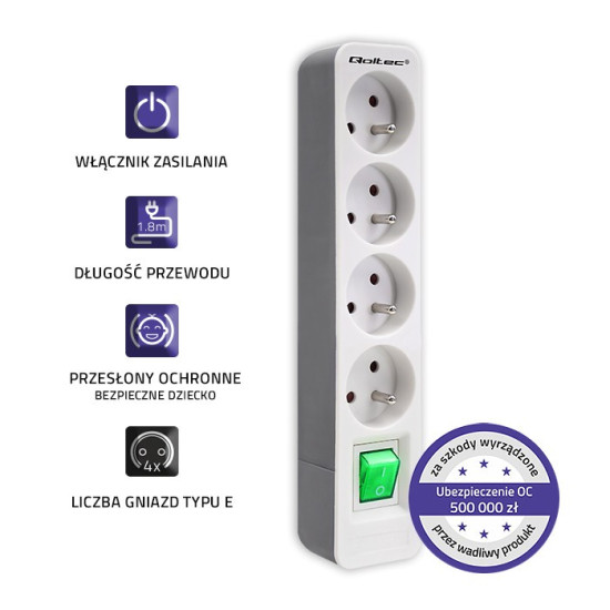Listwa zasilająca | 4 gniazda | 1.8m | Biało-szara 