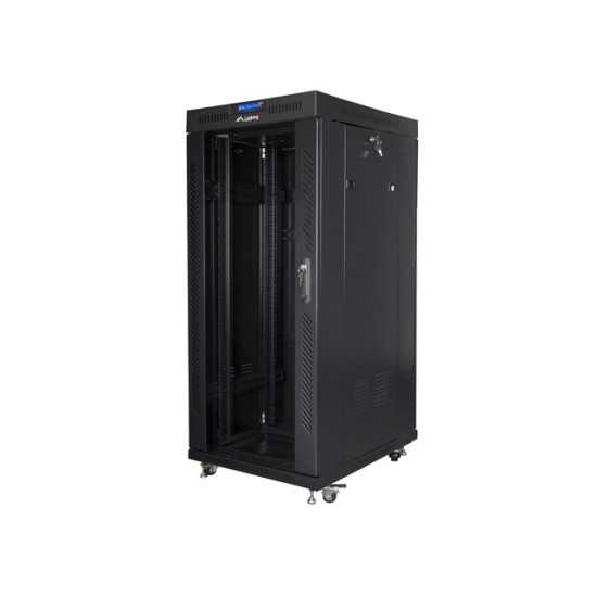 Szafa instalacyjna RACK stojąca 19 22U 800X800 czarne drzwi szklane LCD (FLAT PACK) 