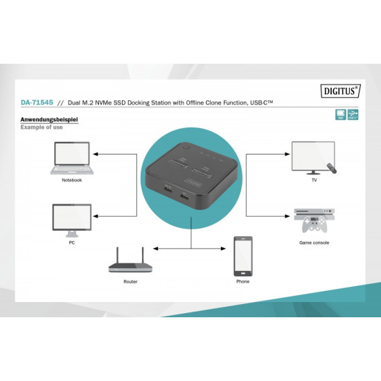 Podwójna stacja dokująca do dysków SSD M.2 NVMe z funkcją klonowania offline, USB-C, Czarna