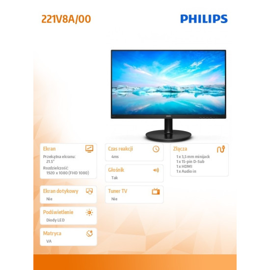 Monitor 221V8A 21.5 cali VA HDMI Głośniki