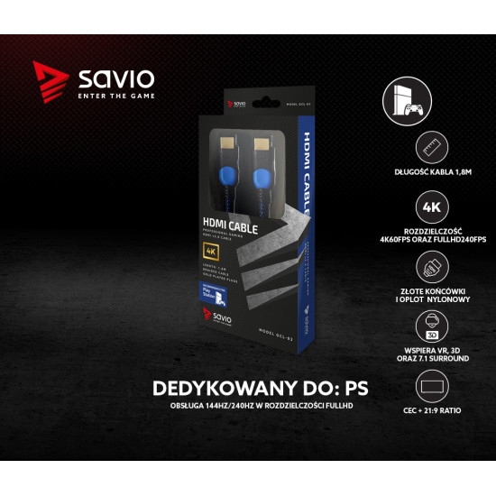 Kabel HDMI 2.0 dedykowany do Playstation niebiesko-czarny 1,8m, GCL-02