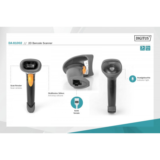 Czytnik kodów kreskowych, przewodowy USB-RJ45 2m, 1D i 2D, zgodny z kodami QR Stojak w zestawie 