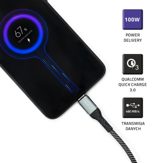 Kabel USB 2.0 typ C | USB 2.0 typ C 100W | QC 3.0| PD | 1.5m |   Czarny 