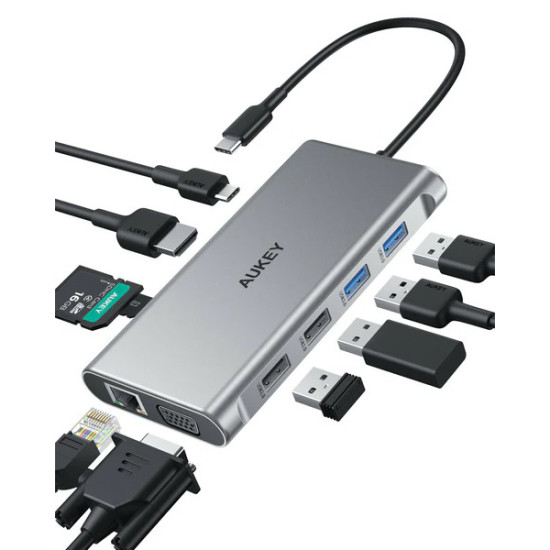 CB-C89 aluminiowy Hub USB-C | 10w1 | RJ45 Ethernet 10/100/1000Mbps | 4xUSB | HDMI 4k@30Hz | SD i microSD | USB-C Power Delivery 100W