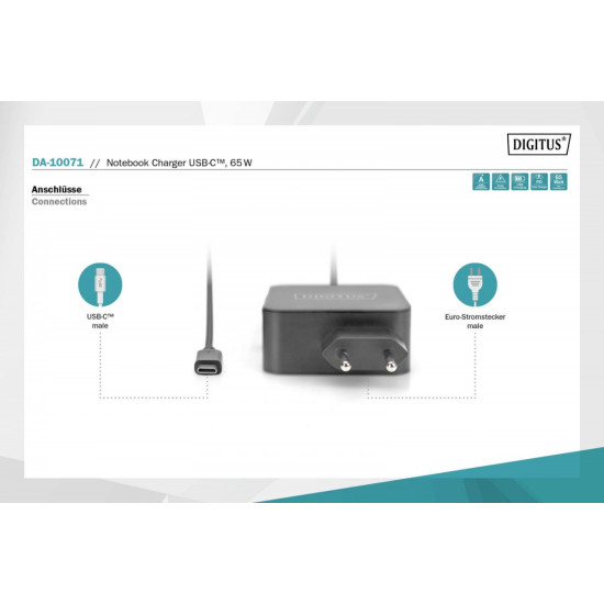 Ładowarka sieciowa zasilacz 1x USB-C PD 3.0 max. 65W zintegrowany kabel 1,2m Czarna