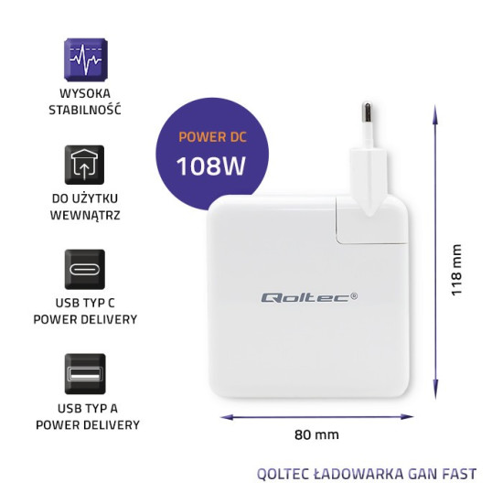 Ładowarka GaN FAST 108W | 5-20V | 3-4.7A | USB C | Biała 