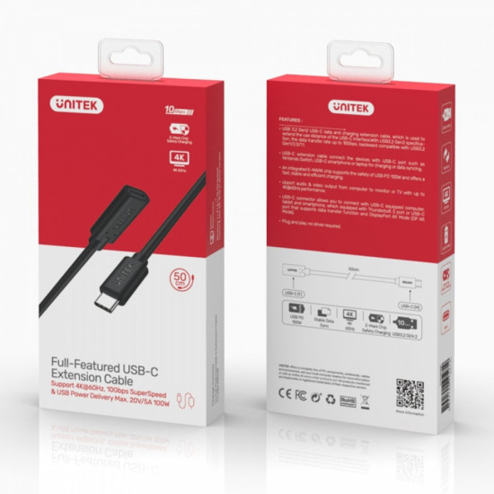 Przedłużacz USB-C 3.1 10Gbps; 4K; PD 100W; M/F; 1m; C14086BK-1M 