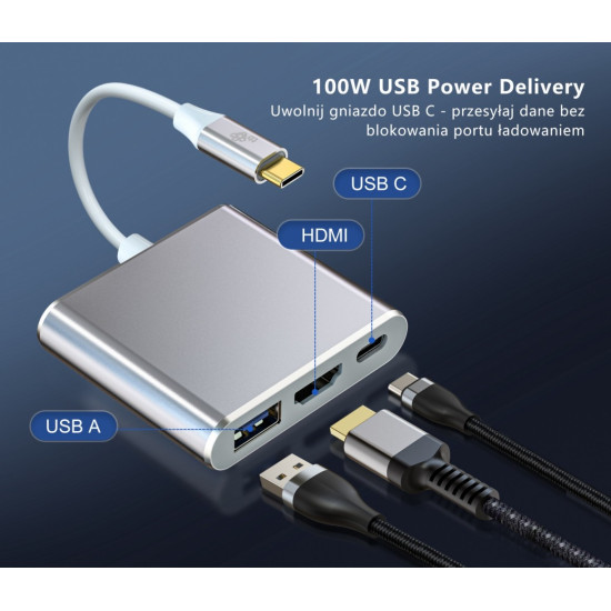 Adapter HUB USB C 3w1 - HDMI, USB, PD srebrny