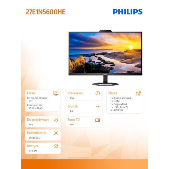 Monitor 27 cali 27E1N5600HE IPS HDMI DP USB-C Pivot Kamera Głośniki