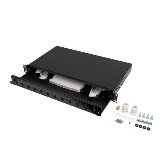 Przełącznica światłowodowa 12XSC simplex/12XLC duplex rack 19 1U czarna + akcesoria