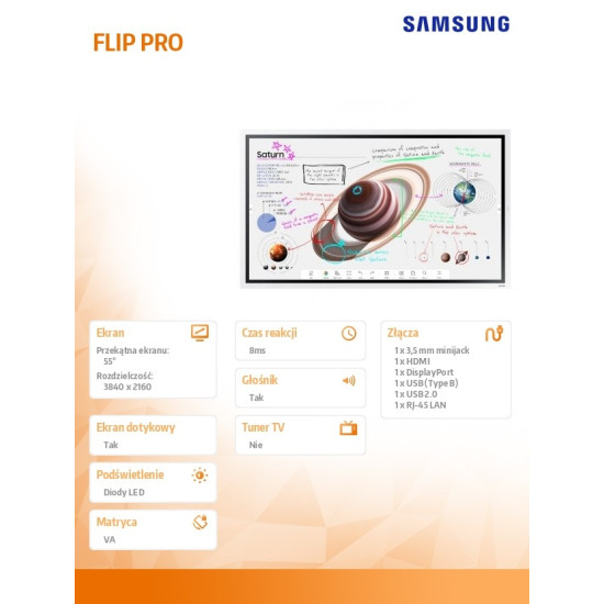 Monitor profesjonalny  WM55B FLIP PRO 55 cali Dotykowy 16h/7 350(cd/m2) 3840x2160 (UHD) Flip App USB-C Wi-Fi/BT 3 lata d2d (LH55WMBWBGCXEN)