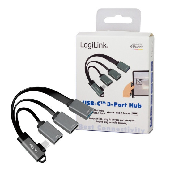 Hub USB 3.2, USB-C/M 90, do 3xUSB-A/F, 0.15m 