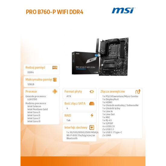 Płyta główna PRO B760-P WIFI DDR4 s1700 4DDR4 DP/HDMI ATX 