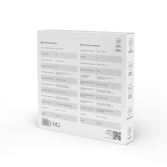 Zewnętrzna nagrywarka typu Slim CD/DVD R/RW, USB-C/USB-A, AK-59 