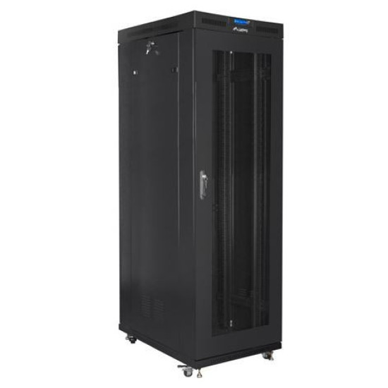 Szafa rack stojąca 19 cali 27U 800x1200 czarna drzwi perforowane LCD FLAT PACK 