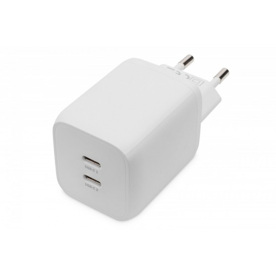 Ładowarka sieciowa, zasilacz GaN 2x USB-C PD 3.0 max. 65W, biała 