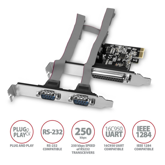 PCEA-PSN Kontroler PCIe 1x port równoległy (LPT) + 2x port szeregowy (RS232) 250 kbps, w zestawie SP & LP