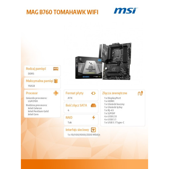 Płyta główna MAG B760 TOMAHAWK WIFI s1700 4DDR4 DP/HDMI ATX 