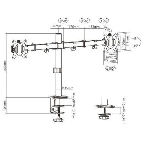 Ramię dla dwóch monitorów biurkowe  (regulowane), 17 cale- 32 cale, do 9kg