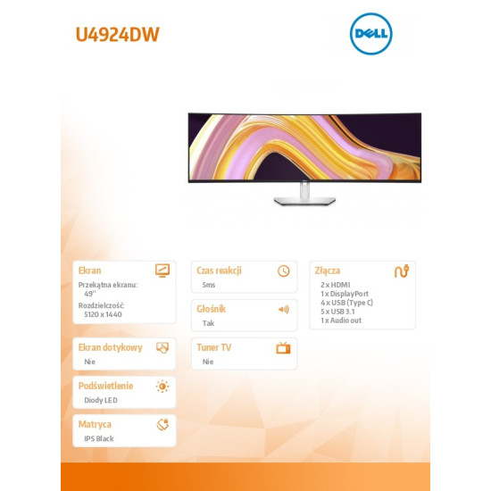 Monitor UltraSharp 49 cali U4924DW LED 5K 32:9 QHD/DP/HDMI/5xUSB 