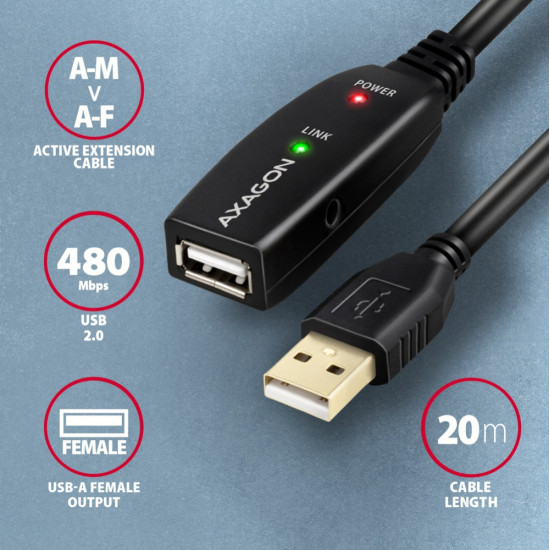 Kabel ADR-220 USB 2.0 A-M -> A-F aktywny kabel przedłużacz/wzmacniacz 20m