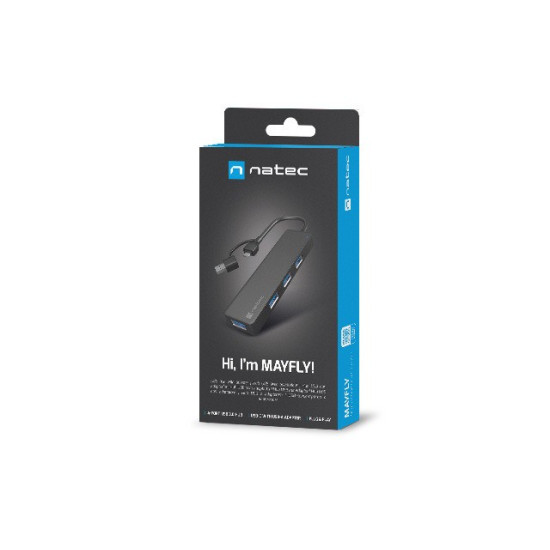 Hub USB-C 4 porty Mayfly czarny + adapter USB-A 