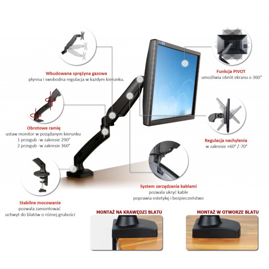 Uchwyt biurkowy na sprężynie gazowej do 1 monitora LCD/LED 13-27
