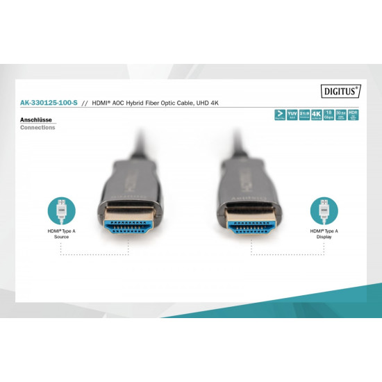 Kabel połączeniowy hybrydowy AOC HDMI 2.0 Premium HighSpeed 4K/60Hz UHD HDMI A/HDMI A M/M czarny 10m