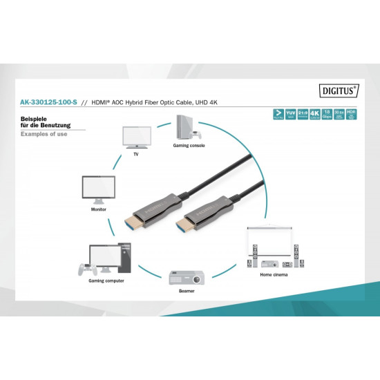 Kabel połączeniowy hybrydowy AOC HDMI 2.0 Premium HighSpeed 4K/60Hz UHD HDMI A/HDMI A M/M czarny 10m