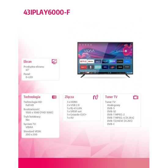 Telewizor 43 cale LED 43IPLAY6000-F