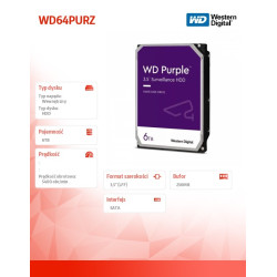 Dysk twardy WD Purple 6TB 3,5 256 MB 5400RPM WD64PURZ 