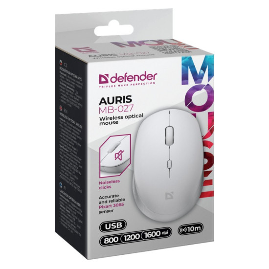 Mysz bezprzewodowa silent click AURIS MB-027 800/1200/1600 DPI Biała 