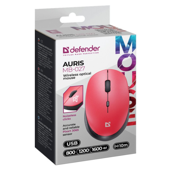 Mysz bezprzewodowa silent click AURIS MB-027 800/1200/1600 DPI Czerwona 