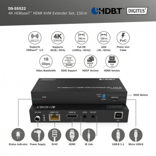 Przedłużacz/Extender HDMI 4K 60Hz 150m po skrętce Cat.6A/7/8 HDBaseT HDCP2.2 IR EDID PoC, zestaw 