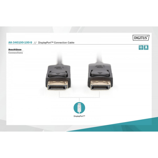 Kabel połączeniowy DisplayPort z zatrzaskami 1080p 60Hz FHD Typ DP/DP M/M czarny 10m
