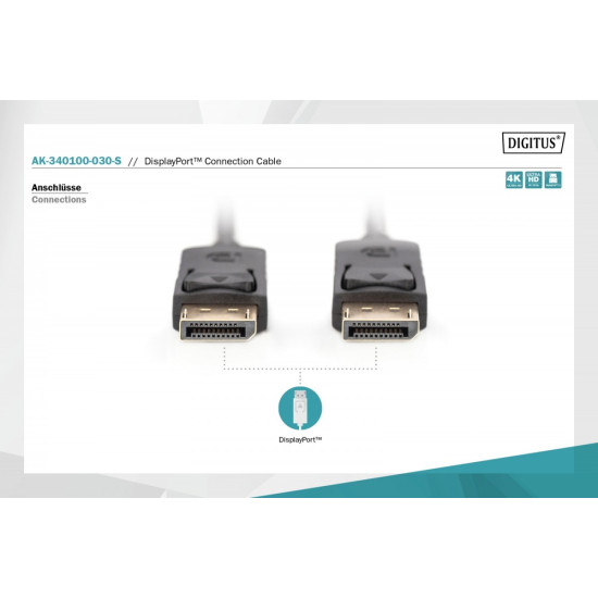 Kabel połączeniowy DisplayPort z zatrzaskami 4K 60Hz UHD Typ DP/DP M/M czarny 3m