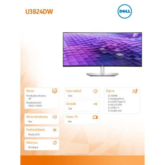Monitor zakrzywiony 38 cali U3824DW 21:9/3840x1600/3Y PPG 