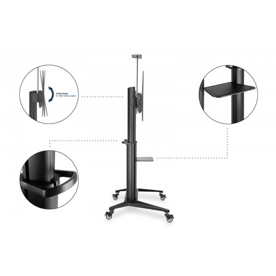 Stojak mobilny pojedynczy z półką i uchwytem na kamerę, 1xLCD max. 120