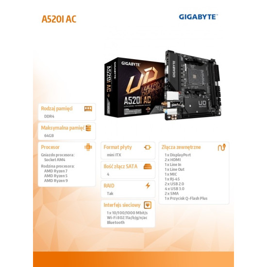 Płyta główna A520I AC AM4 2DDR4 DP/2HDMI mITX 