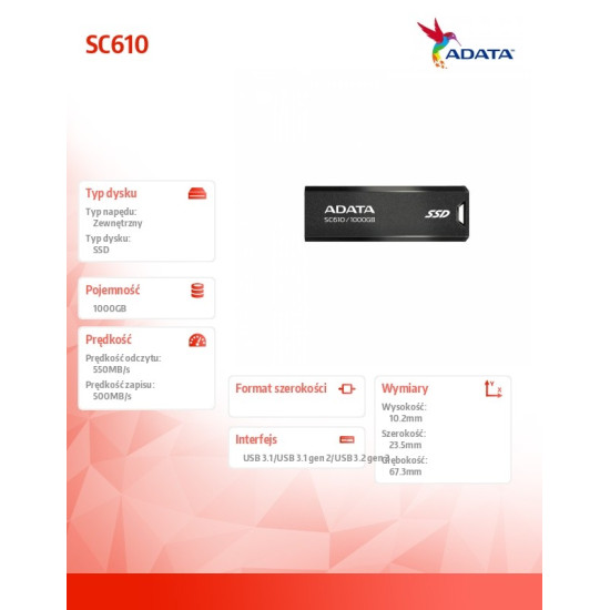 Dysk SSD zewnętrzny SC610 1000 GB USB3.2A Gen2 czarny 