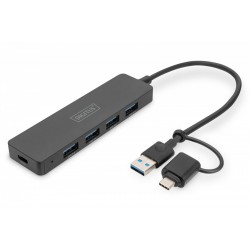 Hub USB 3.0/Koncentrator 4-portowy SlimLine USB A + adapter USB-C 5Gbps, złącze zasilania USB-C 