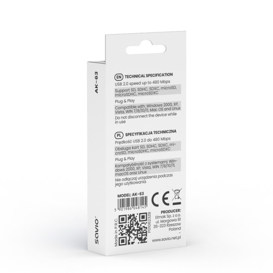 Czytnik kart SD, USB 2.0, 480 Mbps, AK-63 