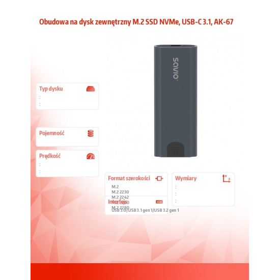 Obudowa na dysk zewnętrzny M.2 SSD NVMe, USB-C 3.1, AK-67