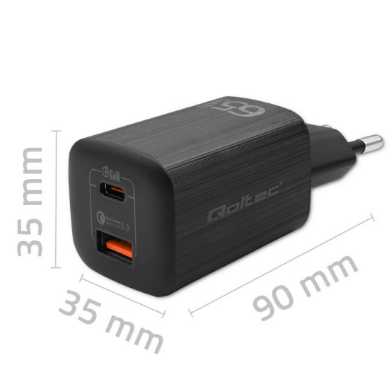 Ładowarka sieciowa 65W GaN ULTRA | 5-20V | 2.25-3.25A | 1 x USB  typ C PD | 1 x USB | Czarna 