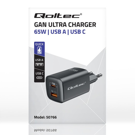 Ładowarka sieciowa 65W GaN ULTRA | 5-20V | 2.25-3.25A | 1 x USB  typ C PD | 1 x USB | Czarna 