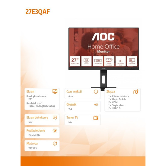 Monitor 27E3QAF 27 cali IPS HDMI DP Pivot Głośniki 